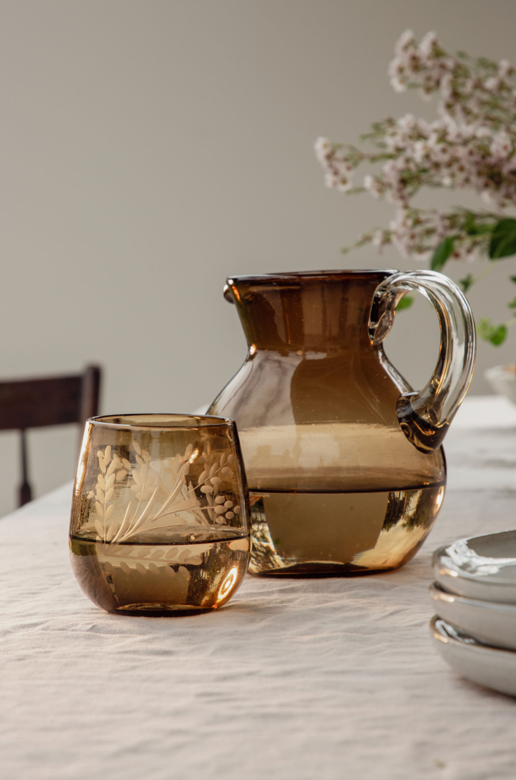 Hand-etched Amber Stemless Glass