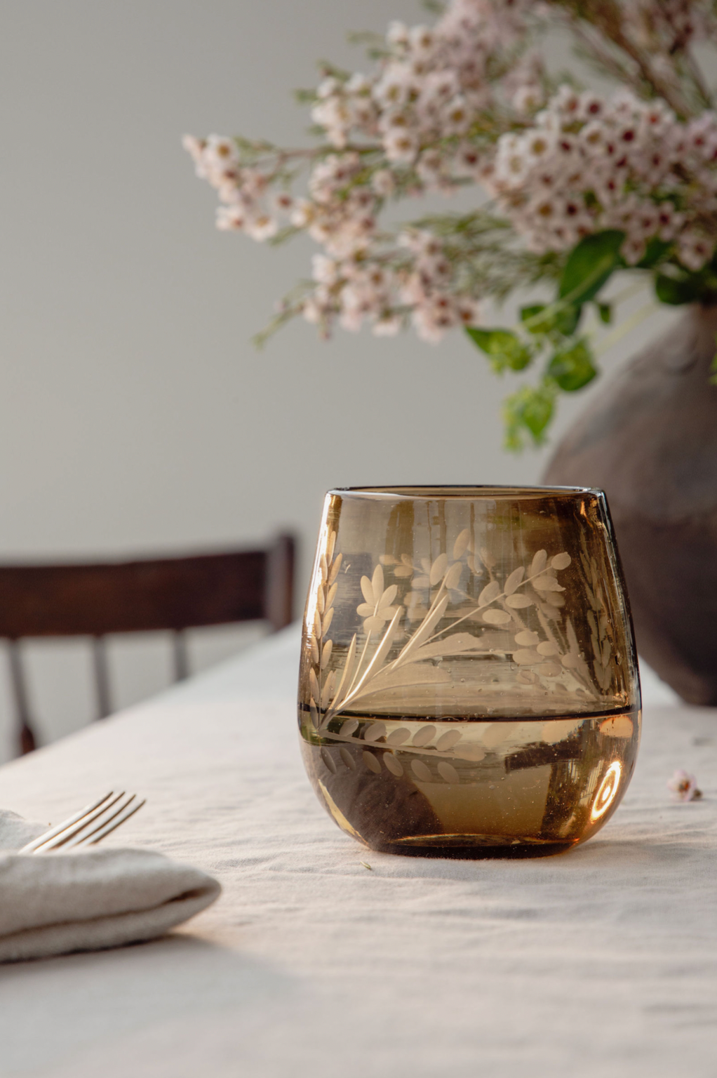 Hand-etched Amber Stemless Glass