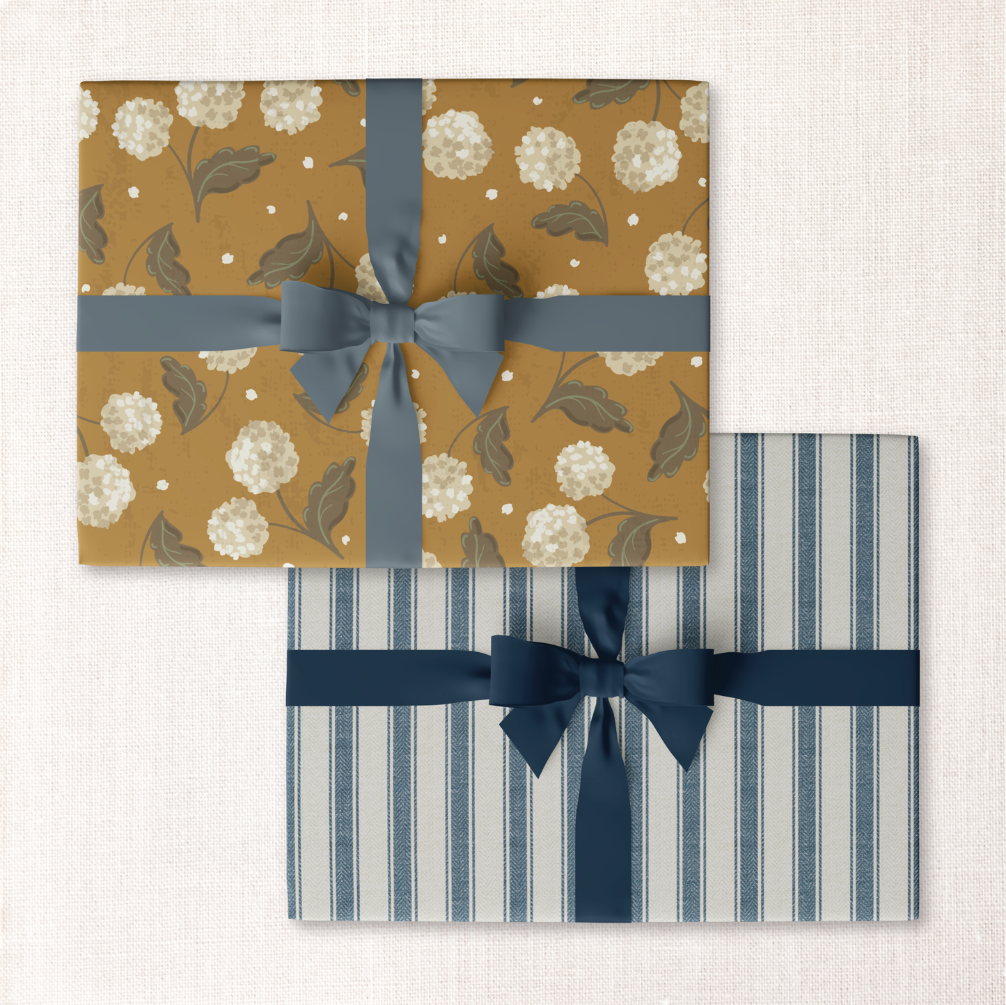 Hydrangea + Denim Ticking Double-Sided Wrapping Paper