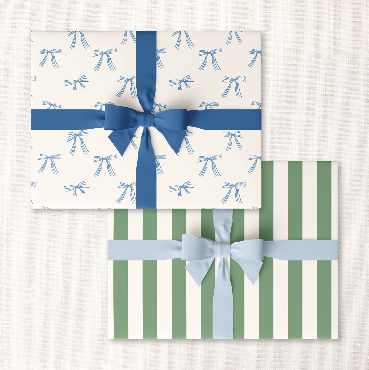 Blue Bows + Cabana Stripe Double-Sided Wrapping Paper